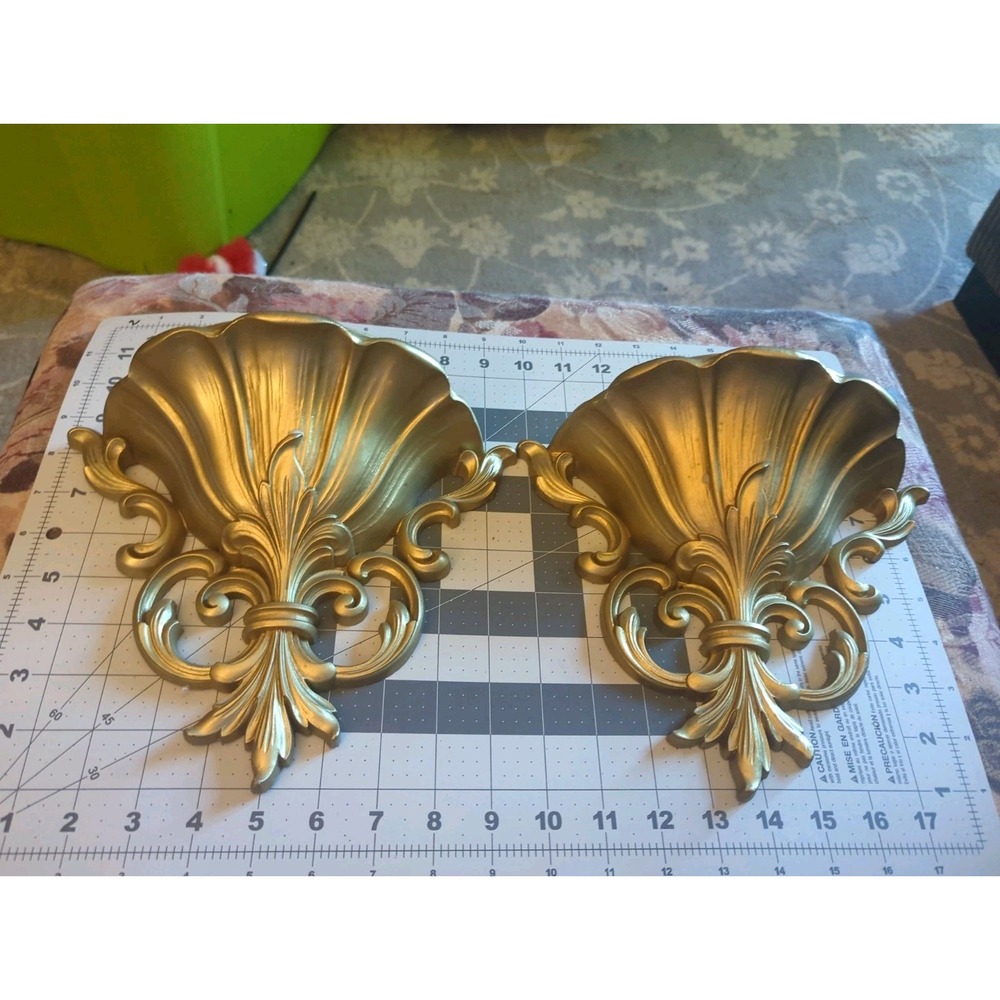 2 Vintage Hollywood Regency Gold Resin Wall Pockets Homco